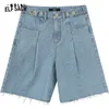 ELFSACK Bleu Solide Taille Haute Jambe Large Femmes Denim Shorts Été ELF Blanc Pur Coréen Dames Quotidienne Bemuda Bottoms 210306