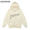 Gonthwid Hooded Jackets Harajuku Embroidery Letras Zíper Com Capuz Com Capuz Casas Casacos Casaco Streetwear Hip Hop Casual Tops 211013