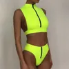 High Waist Bikini Mujer Neon Green Swimsuit Female Neck Swimwear Women Zipper Crop Top Sexy Bathing Suit Bathers 210629