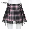 UnaGG Lace Up Goth Y2K Damenröcke Rosa Streifen Plaid Trim Faltenrock Punk Dark Academia Ästhetische E-Girl-Kleidung #1211 210708