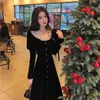 Vintage Velvet Black Long Sleeve Dress French Lace Women Warm Midi Spring Korean Female Wedding Party 210604