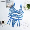 NXY sexy setAduloty Bleu Royal Femmes Dentelle Brodée Sous-Vêtements Érotiques Soutien-Gorge À Armatures Maille Transparent Lingerie Sexy Jarretière String Ensemble 1128