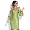 Summer Women's Green Sexy Strapless Mesh Lantern Sleeve Fashion Tight Club Party Draping Mini Dress Vestidos 210525