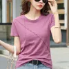 2021 Summer Women Ribbed Bamboo Cotton Tee-Shirts Female Button Loose Casual Fashion T-Shirt Short Sleeve Blue O-Neck Korea Tops X0628