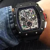 Ny Luxury Big Full Black Case Flyback Skeleton Watches Rubber Japan Miyota Automatisk mekanisk herr Watch2146