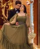 Arabic Dubai Middle East Vintage Oliver Green Dresses Long Sleeve Beaded Floor Length Formal Evening Gowns Party Prom Dress