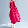2021 Kadın Keten Elbiseler Sanatsal Kat Uzunluk Maxi Kırmızı Beyaz Uzun Elbise Kolsuz Etekler Giyim ile