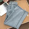 Luz azul denim calças vintage largo pé calças mulheres coreano linha longa calça alta cintura ocasional solta com cinto outono 211104