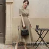 Maxi pleated Dress for women Summer Korea OL Short Sleeve notched Line Sexy ladies Office Party Long Dresses 210602