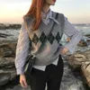 Vrouwen trui vest Koreaanse stijl preppy vintage geometrische argyle v-hals mouwloze pullover gebreide vest tank tops T360 211009