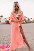 Women's Swimwear 2022 Summer Sexy Beach Bikini V-neck Cover-Ups Fashion Women Chiffon See-through Cover-Up Bandage Beachwear Cover Up