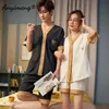 Couple Pajamas Japanese Kimono Style Night Pijamas Texture Cotton Short Sleeved Button Cardigan Pijamas Bear Printing Couple Pjs 210812