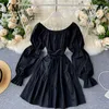 YuooMuoo début automne robe 2020 rétro gothique femmes blanc noir pansement Mini robe Sexy épaules nues manches bouffantes coréen Vestidos X0629