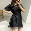 Korejpaa Kobiety Dress Summer Korean Retro Temperament Okrągły Neck A-Line Krótki Rękaw Szycie Fałszywy Dwuczęściowy Veil Vestidos 210526