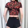 Женская футболка женская футболка Sexy Women Sexy Women Sheer Mesh 2022 Flame Print с коротким рукавом с коротким рукавом видом через стильную одежду для моды #R20