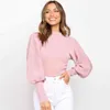 Herbst Rollkragen Frauen Pullover Laterne Langarm Gestrickte Pullover Für Dame Casual Weiß Crop Top Schlank Jumper Abgeschnitten Pullover Y1110