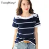 Lady 2021 Yaz Mavi Beyaz Çizgili Kısa Kollu Pamuk T-Shirt Kadın Düğme O-Boyun Zarif Artı Boyutu Tişört Kadın Moda Üstleri X0628