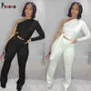 Office Lady Two Piece Matching Set One Shoulder Crop Tops Long Pant Slim Sexy Women's Clothing Passit 2021 Spring Female Outfits Y0625