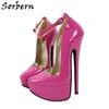 Sorbern Hot Pink 20cm Kvinnor Klänning Skor Hög Båge Ankelband Patent Glänsande Fake Leather Stilettos Pekad Toe Platform Shoepump