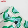 Tangada Women Green Geometryプリントワイドレッグロングパンツズボンヴィンテージスタイルの段階腰の女性Pantalon 5Z137 211124
