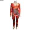 CM.YAYA Plus La Taille XL-4XL Tie Dye Imprimer Ensemble À Manches Longues Tee Tops Crayon Pantalon Costume Survêtement Deux Pièces Ensemble Fitness Outfit 210727