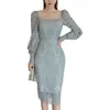 fall winter Blue Lace Dress Korea Ladies Long Sleeve square neck Bodycon Sexy office Dresses for women clothing 210602