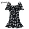 Yitimuceng Vintage Slanke Floral Print Ruches Hoge Taille Jurken Dames A-lijn Puff Sleeve Kleding Zomer Franse Jurk 210601