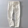 7409 Hombres Primavera y otoño Marca de moda Estilo japonés Vintage Lino Color sólido Pantalones rectos Hombre Casual Pantalones blancos Pantalones 211112