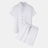 Mężczyźni Bawełniane Pościel Zestawy Solid Color Krótki Sleeve Stand Collar Button Shirts Casual Shorts Chic 2021 Streetwear Mens Casual Garnitury X0610