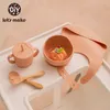 Facciamo 5PCS / Set Baby Feeding Stoviglie Ciotola in silicone Bavaglino Tazza Cucchiaio Forchetta Ciotola antiscivolo Fissaggio ad aspirazione Food Grade Regalo per bambini 210226