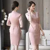 Elegancki Różowy Lady Profesjonalny garnitur Lato Moda Damska Kurtka Kobieca Spódnica Dwuczęściowy Wysokiej jakości 210527