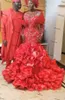 Africano vermelho strass sereia vestidos de casamento rendas brilho cristal exuberante organza babados em camadas vestidos de noiva nigeriano gonna8428480