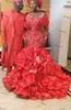 Abiti da sposa a sirena con strass rosso africano Pizzo Sparkle Crystal Lush Organza Ruffles Abiti da sposa nigeriani a strati Gonna