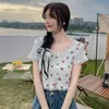 Women's T-Shirt EFINNY Korean Style Summer Floral Print T Shirts O Neck Lace Button Short Exposed Navel Tops Cute Short-Sleeved Knitted