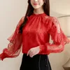 Fashion Womens Tops and Blouses See Through Lace Shirts Women Wild Ruffled Chiffon Women's Blouse Vintage Top Female 210226