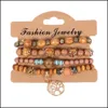 Bracelets de charme Bijoux 4pcs / Set Chaînes de perles en bois de Bohême pour femmes Arbre de vie en métal Rose Fleur Perles de bois Bracelet Mode Boho Drop