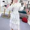 PERHAPS U Autumn Winter Stand Collar Black Pink White Sequined Tassel Stitching Lace Long Sleeve Knee Length Dress D0897 210529