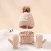 Söt hatt halsduk set beanie cap handskar 3pcs barn hattar tjejer falska boll pompon hålla varma vinter stickade skullies barn ben