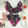 Wysoka talia bikini Ruffle Stroje kąpielowe Kobiety Drukuj Sexy Swimsuit Push Up Bikinis Plus Size Kostiumy kąpielowe Bow Beach Nosić 210621