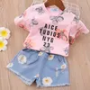 2T Filles Vêtements Ensembles Summer Toddler Corée Style Fleur Col T-shirt rayé + Short en denim 2 pcs Enfants 210528