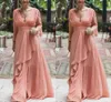 Sommar Chiffon A-Line Mother of Bride Dresses Långärmad Ve Neck Bröllop Party Gowns Formell Evening Prom Dress Plus Storlek