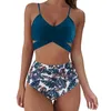 Costume da bagno intero con fondo stampato con top solido Costume da bagno sexy da donna Costume da bagno a vita alta con bikini push up incrociato Costume da bagno taglie forti XXL 210305