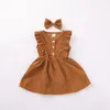 Tjejer klär sig toddler corduroy klänning med hårnål baby spets prinsessa bowknot huvudband spädbarn ärmlös nyfödd boutique kläder cgya144