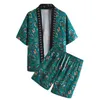 LUCLESAM Abito da uomo con cardigan floreale etnico Abito da uomo a maniche corte con stampa casual a kimono Set abito a due pezzi X0909