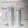 Tumbler de sublimação com punho 20oz 30oz em branco tumblers lustrosos tampa selada canecas de aço inoxidável de aço inoxidável canecas duplas isoladas de água portátil cola chá bebendo garrafas