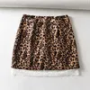 Frauen Vintage Leopard Print Patchwork Spitze Rand Sommer Mini Röcke Süße Dame Hohe Taille Rock Sexy Mädchen Kurze Röcke Chic 210310