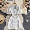 Women Fashion Summer Beaded Flower Buttoning Hollow Waist Mini A-line Dress Notched Short Sleeve Elegant Vestidos S449 210527