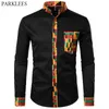 Dashikiアフリカのメンズシャツパッチワークポケットアフリカプリント男性アンカラスタイル長袖デザインカラードレスS 210721