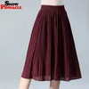Women Chiffon Skirt Summer Thin Solid Pleated Skirts Womens Saias Midi Faldas Vintage Women Midi Skirt 210311