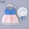 Ropa para niños Vestido de niñas de verano Vestido de mezclilla fino Costura de malla Sling Princess + Sombrero Bebé Ropa para niños 210611